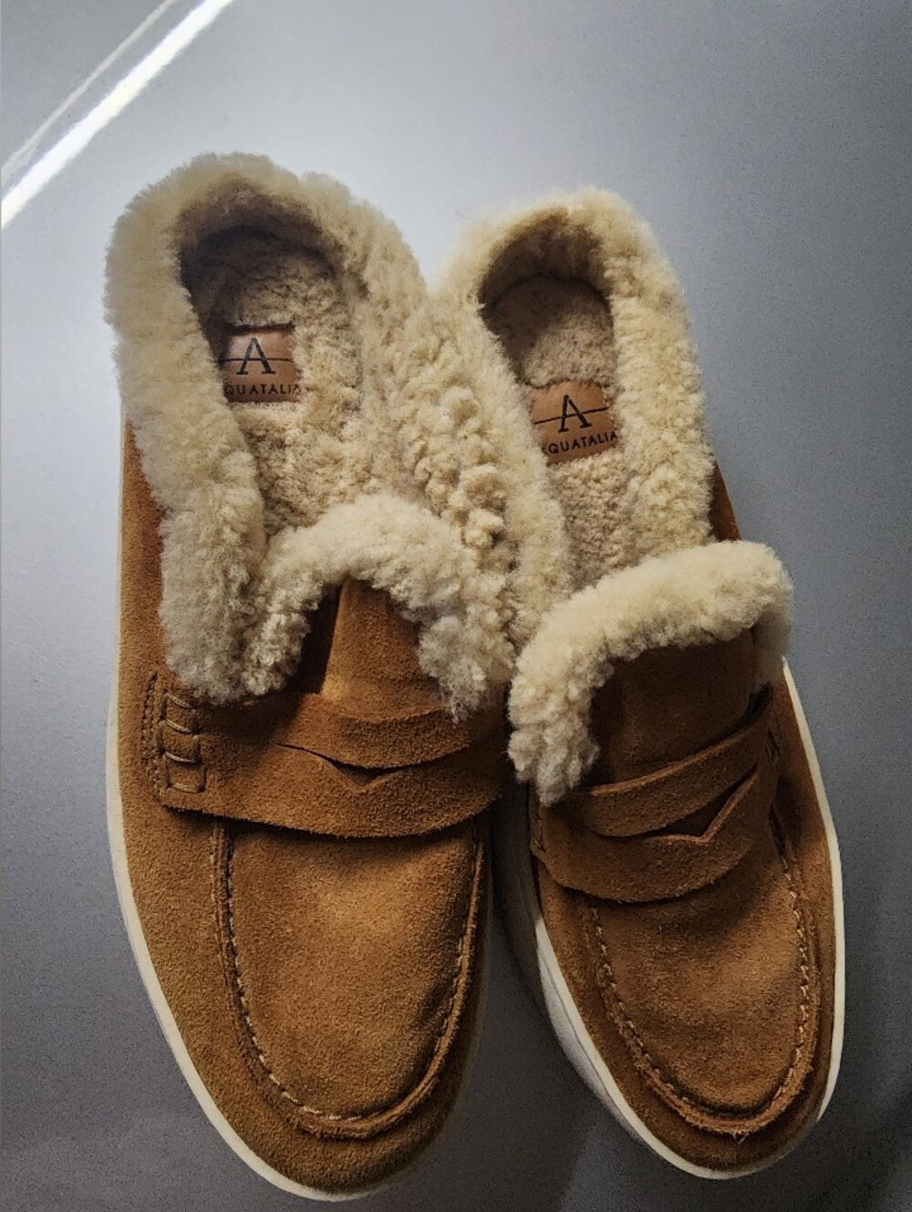 Aquatalia Women's Suede Shearling-Lined Penny Loafers - Tan